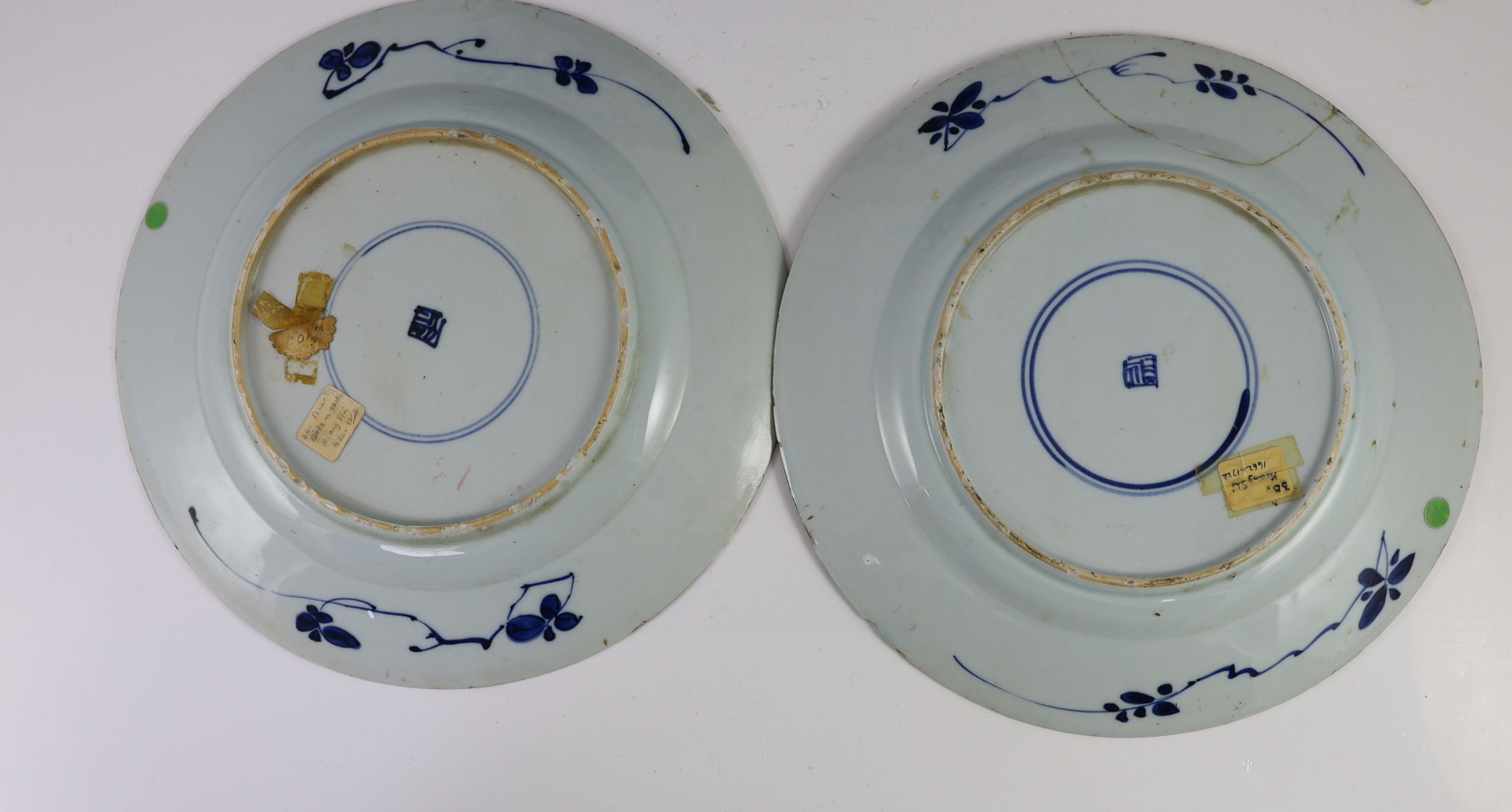 A set of three Chinese blue and white ‘pheasant’ large plates, Kangxi period, 28cm diameter, one repaired